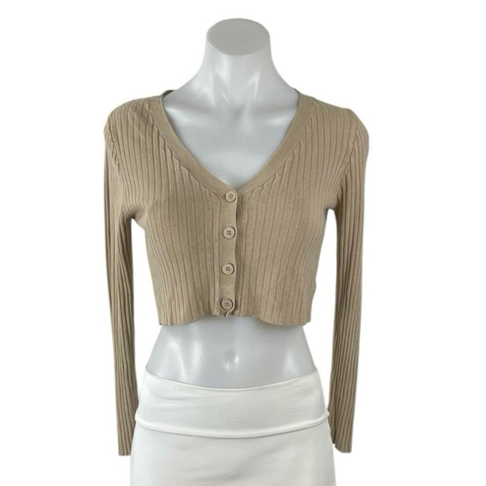 Oak + Fort Tan Ribbed Knit V Neck Long Sleeve Crop Button Up Cardigan Sweater XS